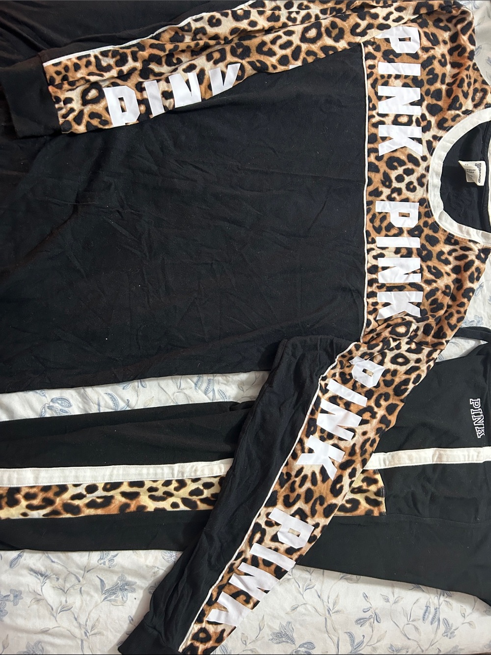 PINK Victoria's Secret Black Kids Pajama Set with Leopard Trim